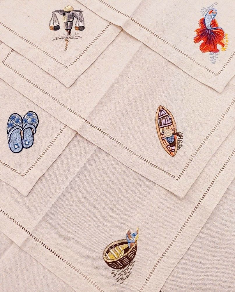 ハノイ商店 オリジナル手刺繍 100 % コットン ハンカチ